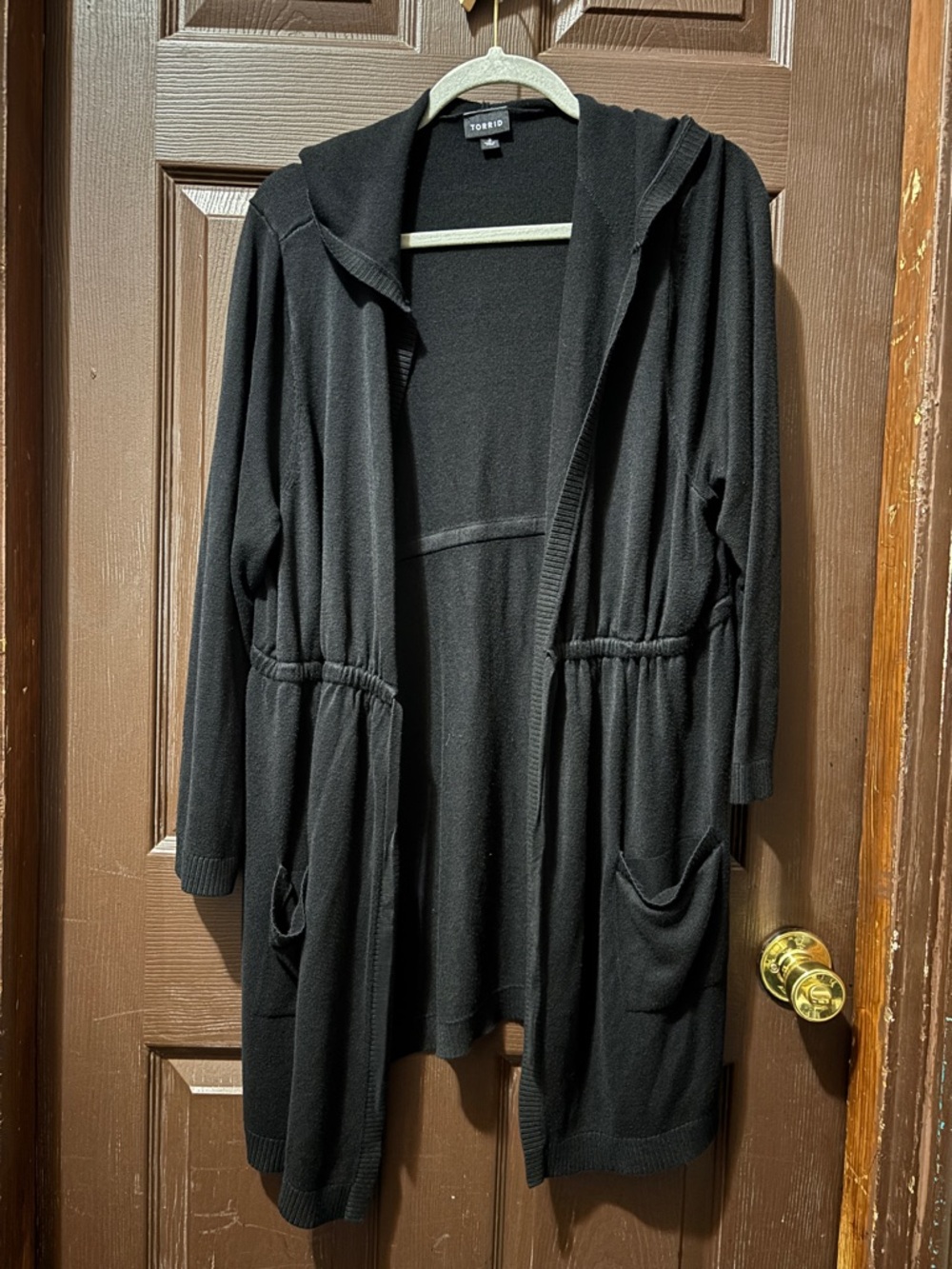 Torrid Black Knit Hooded Longline Cardigan with Drawstring Waist and Pockets